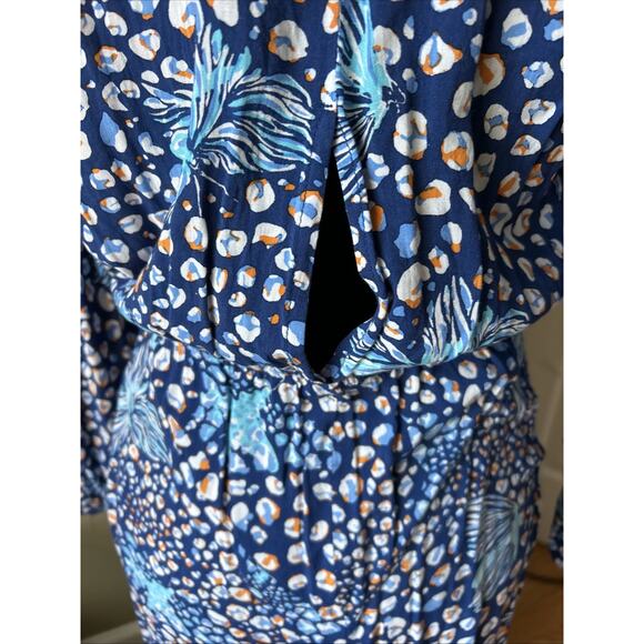 Poupette St Barth Flowy Floral Maxi Dress Blue Sz M Deep Slits LLona Long Sleeve - Picture 7 of 16